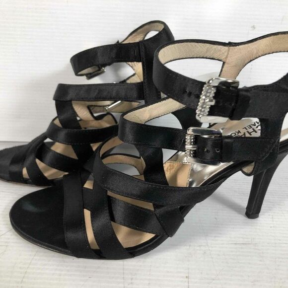 Michael Kors Black Fabric Satin Open Toe Buckle Ankle Stiletto Heel Sandals 9M - Picture 1 of 9